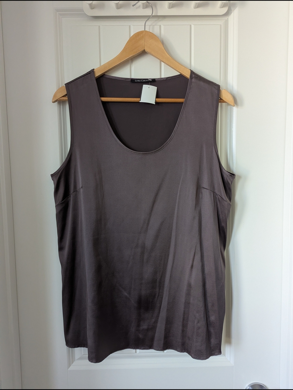 Luisa Cerano Plum Brown Silk Satin Round Neck Tank Top Size Large